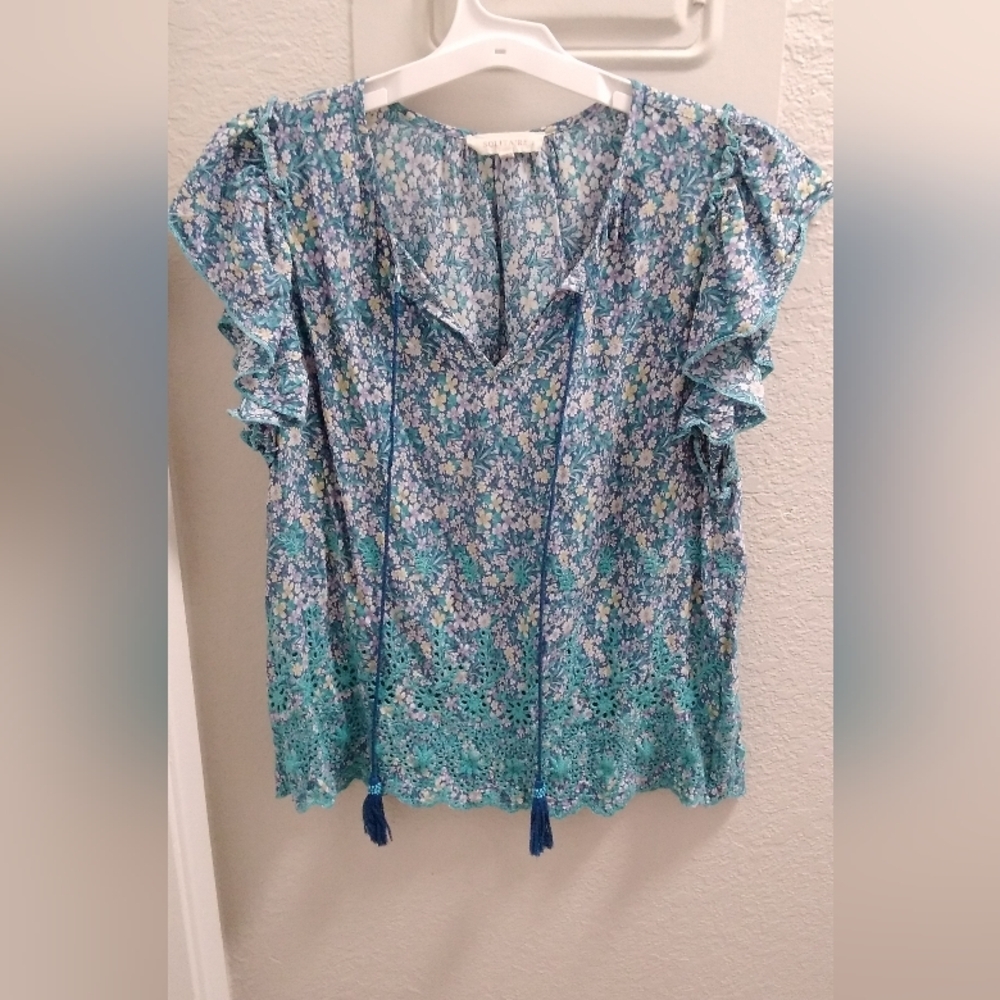 Solitaire Top Shirt Womens Large Boho Cottage Rayon Blue Floral Ruffle Blouse